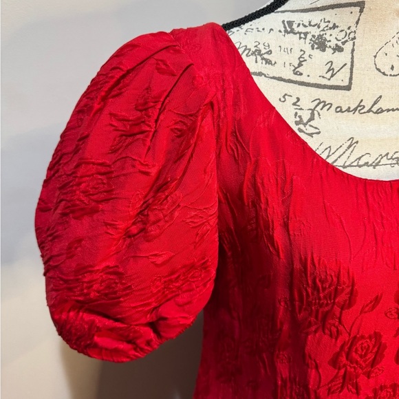 Carolyne Roehm for Neiman Marcus Vintage Dress Sz 8 Red Floral Puff Sleeves - Picture 3 of 13